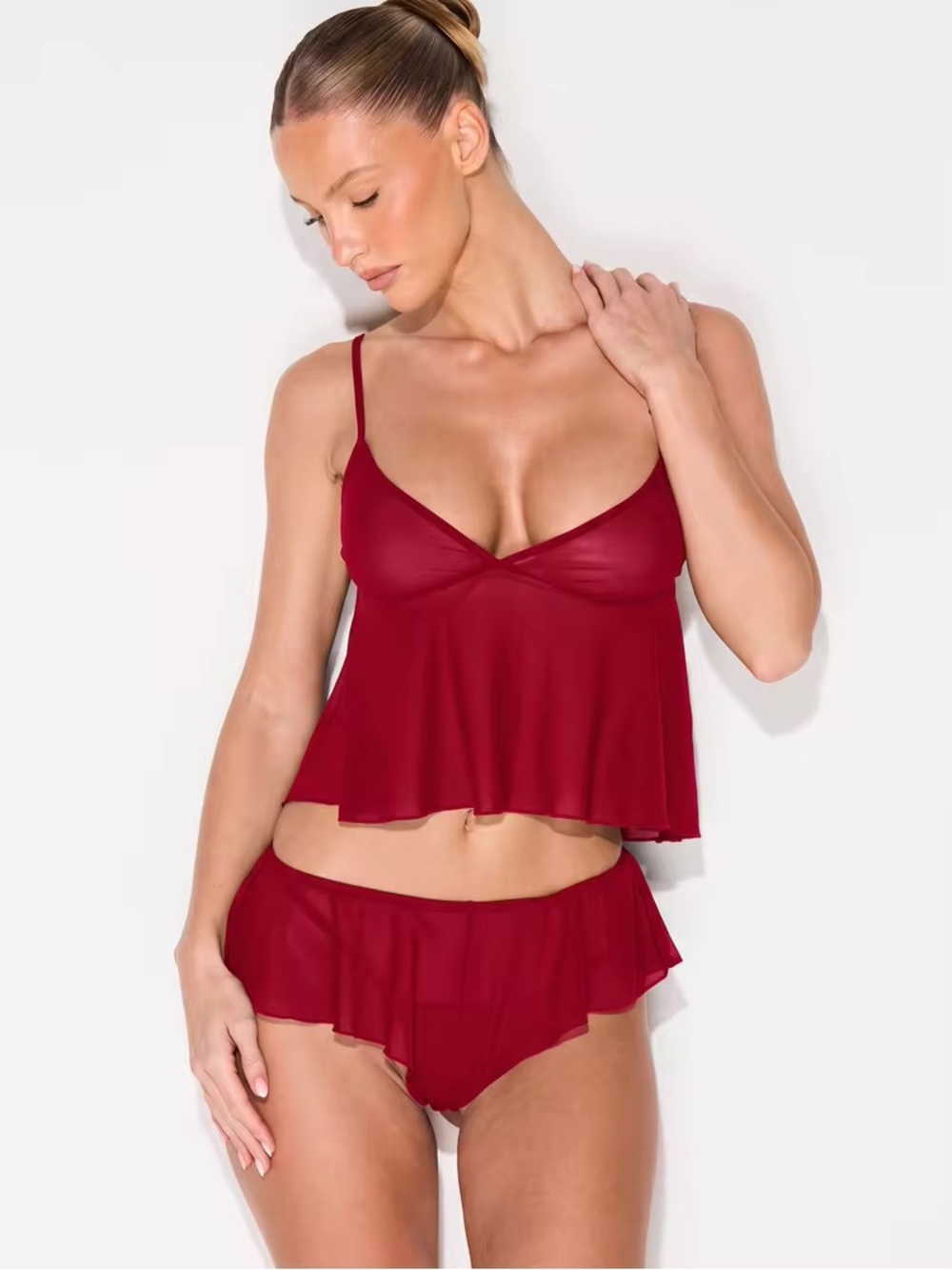 Women’s Scoop-Neck Satin Sleep Set in Deep Red